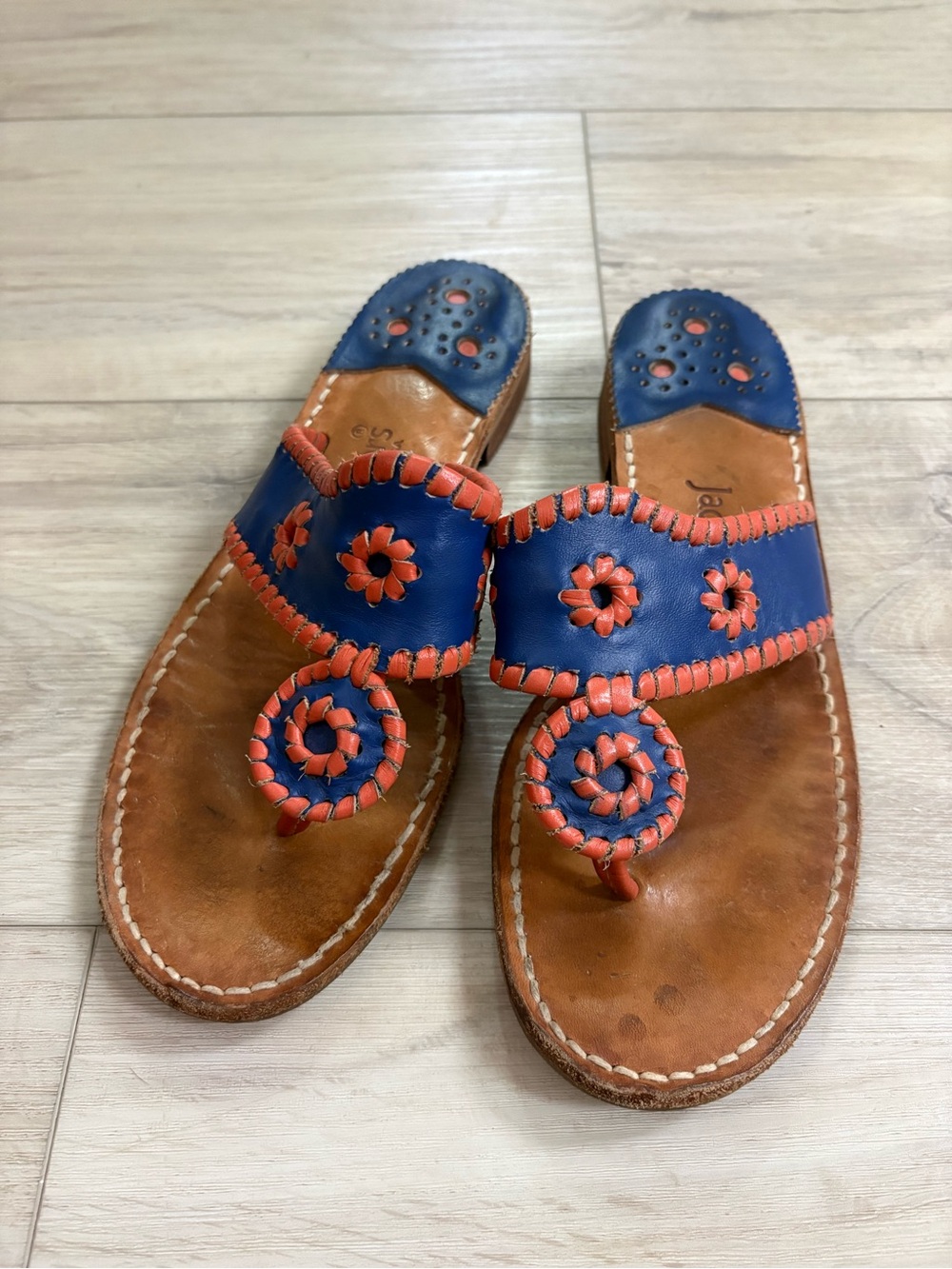 Jack Rogers Navy Blue and Orange Leather Toe-Loop Sandals